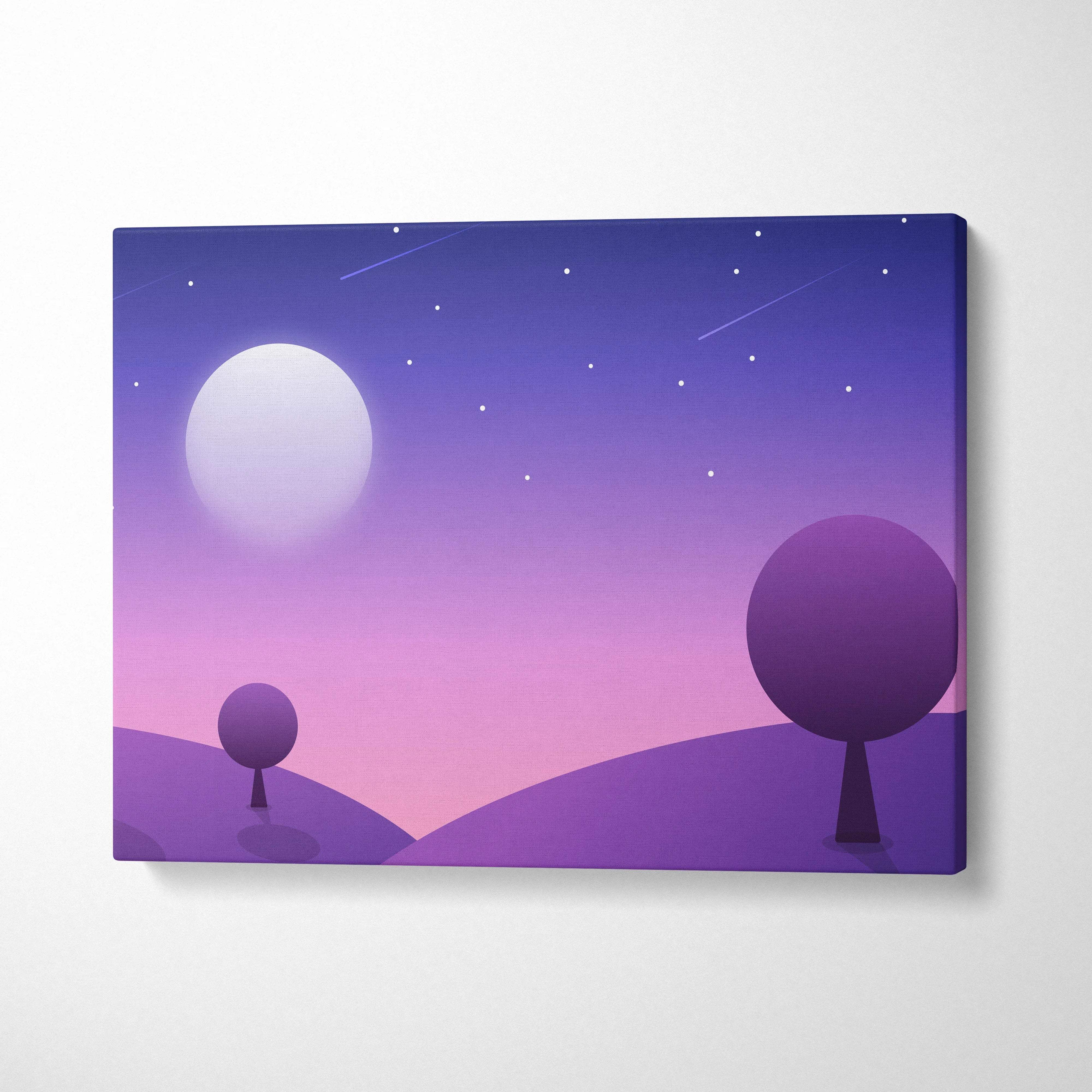 Purple gradient canvas print of stylized trees, moon, starry sky