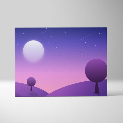 Purple gradient pastel twilight hills canvas art with moon and stylized trees