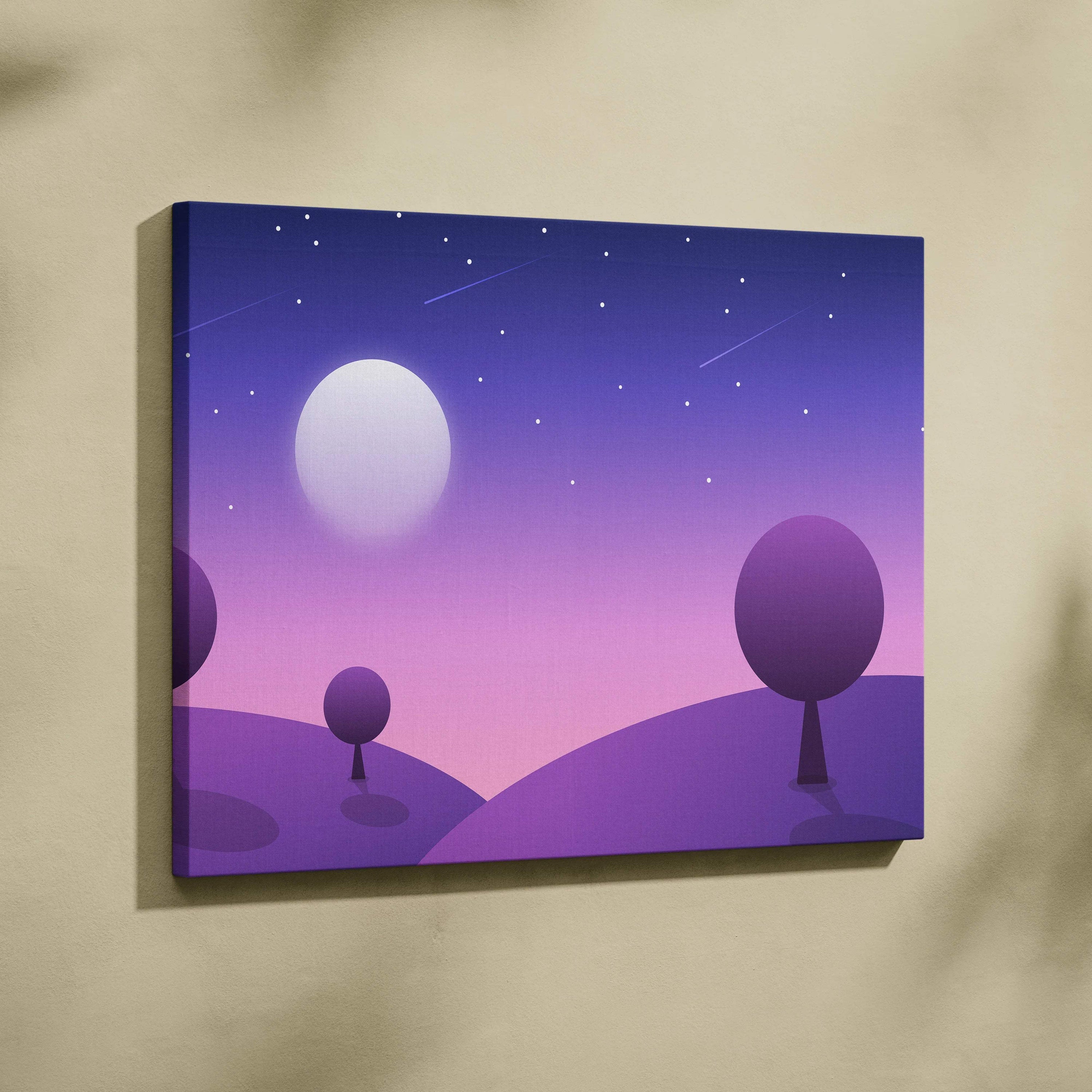 Purple pastel twilight hills canvas art with moon, stars and trees