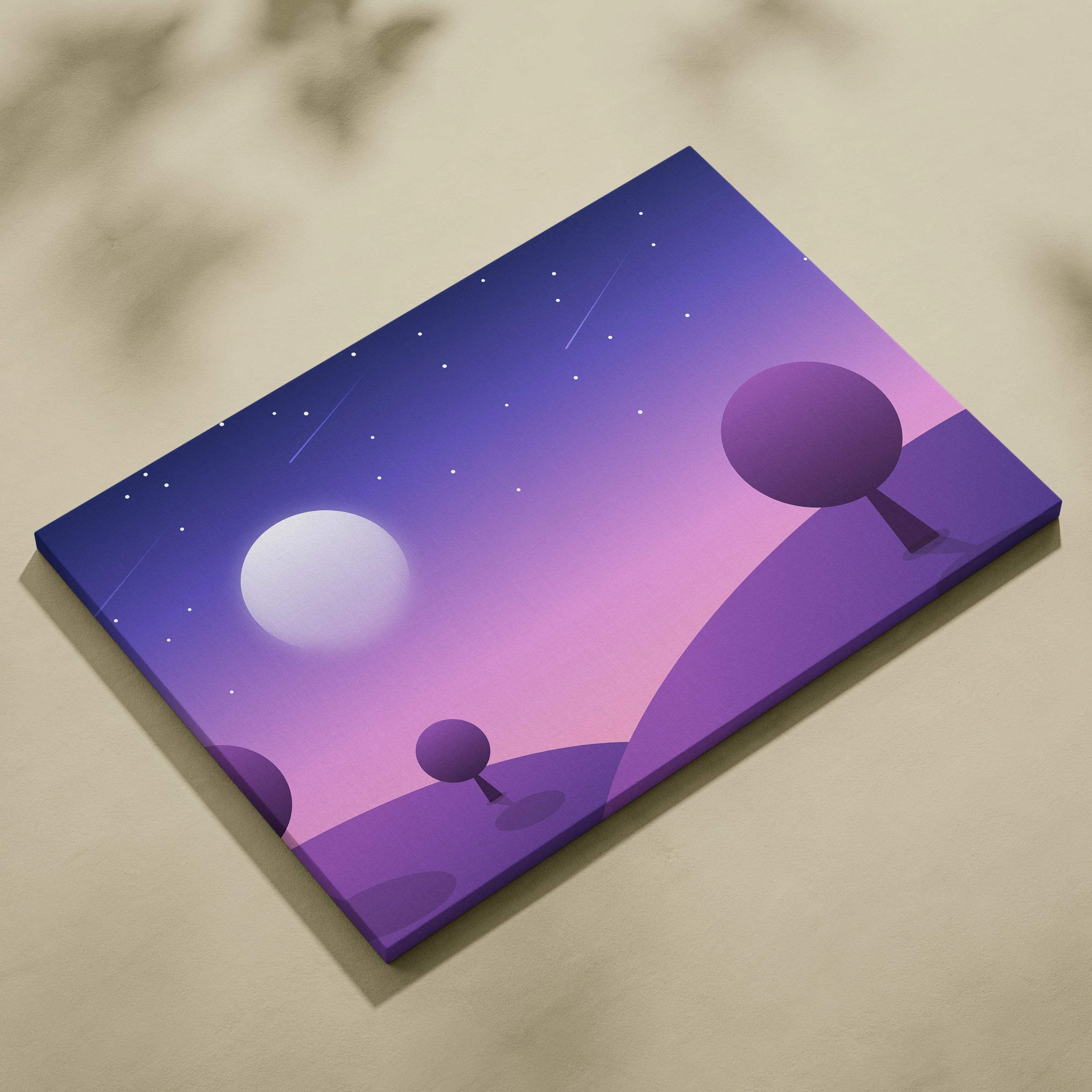 Purple pastel twilight hills canvas art with moon, stars, and trees