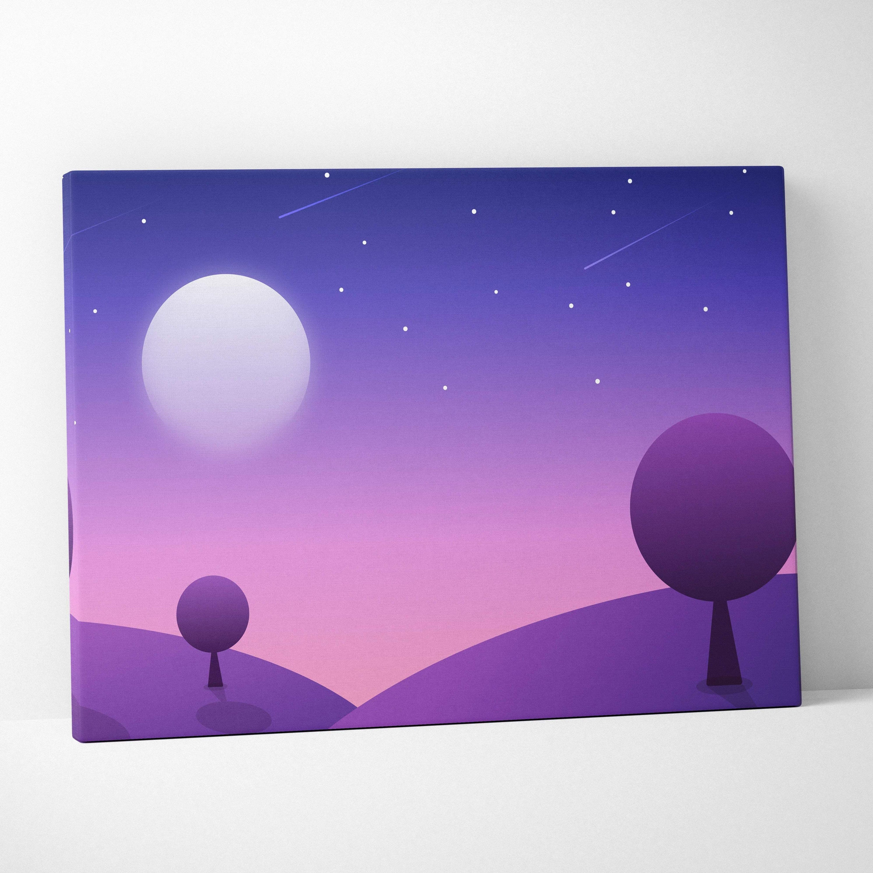 Pastel twilight hills canvas wall art with moon, stylized trees in violet pink gradient