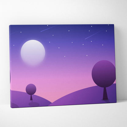 Pastel twilight hills canvas wall art with moon, stylized trees in violet pink gradient
