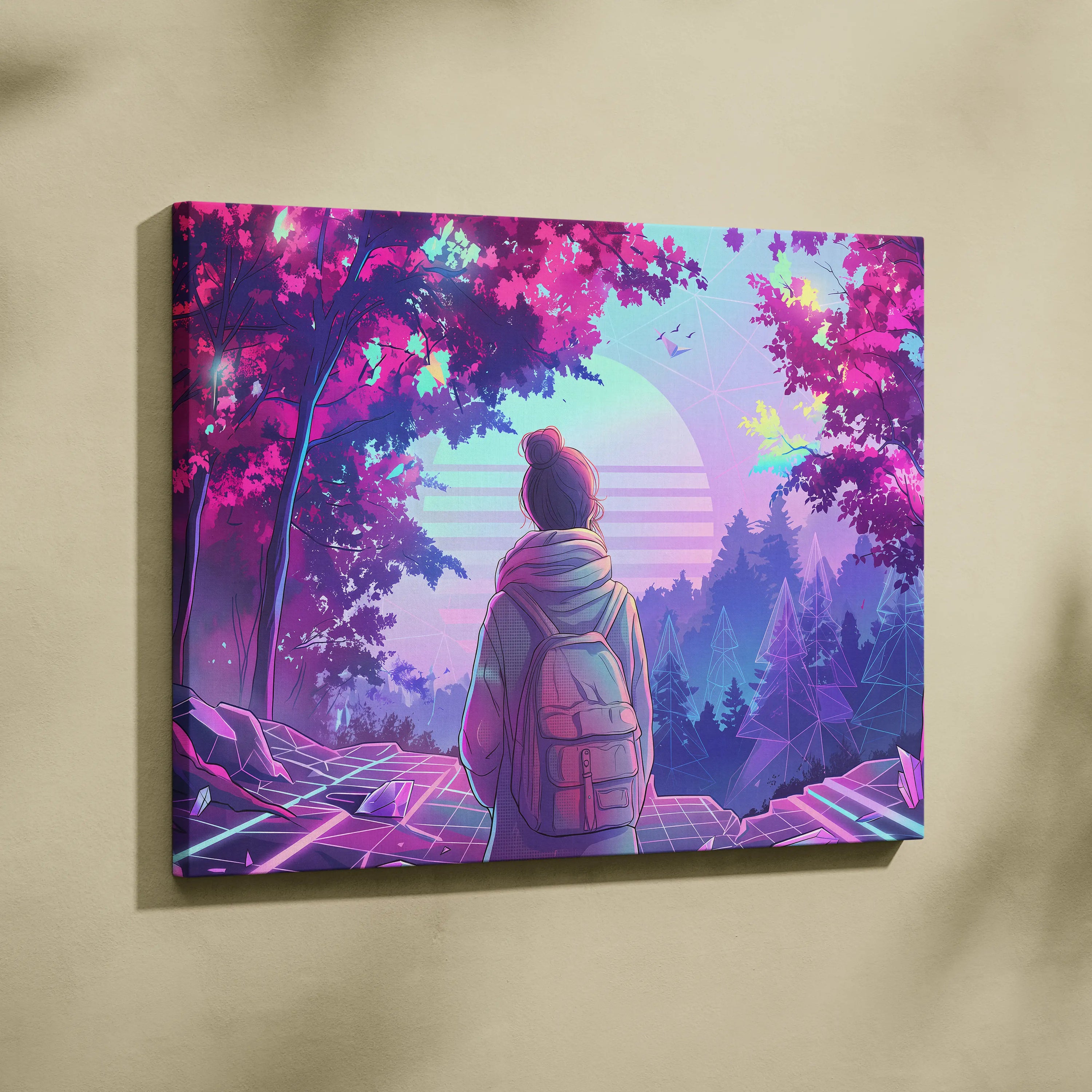 Neon Vaporwave Forest Voyager Canvas - Explorer Neon Pink Wall Art Vaporwave Dreamy Nostalgic Neon Landscape Canvas
