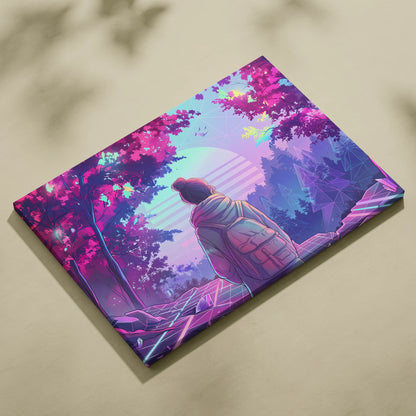 Neon Vaporwave Forest Voyager Canvas - Explorer Neon Pink Wall Art Vaporwave Dreamy Nostalgic Neon Landscape Canvas