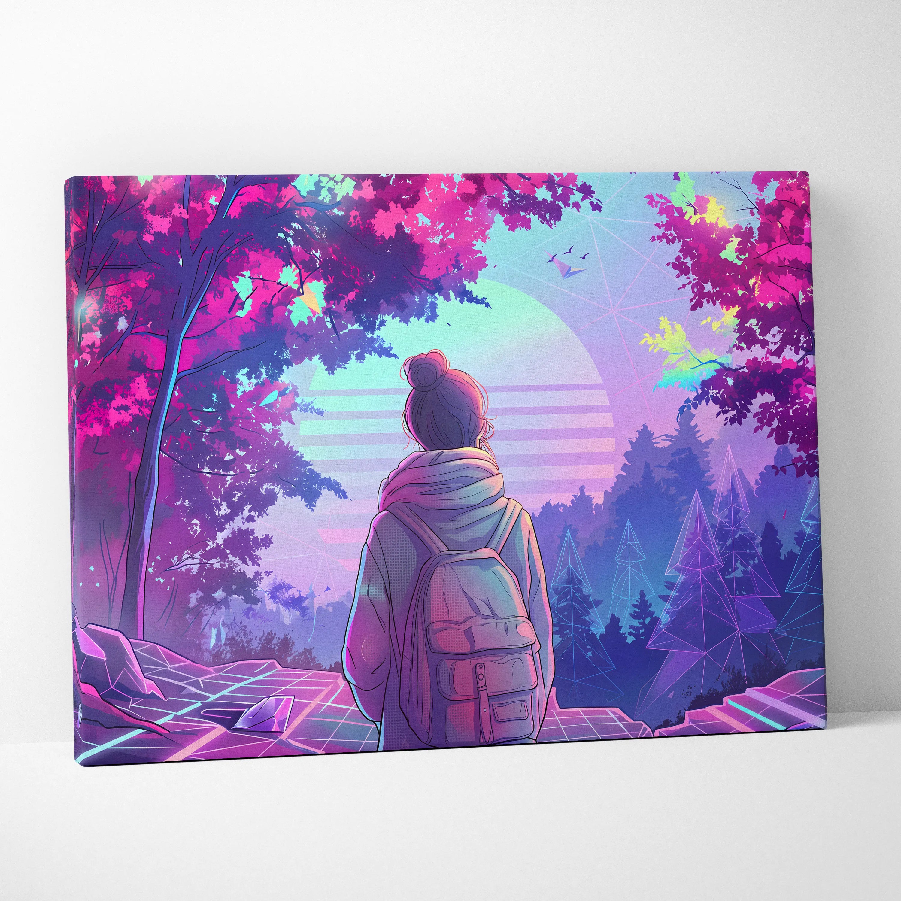 Neon Vaporwave Forest Voyager Canvas - Explorer Neon Pink Wall Art Vaporwave Dreamy Nostalgic Neon Landscape Canvas