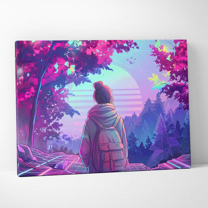 Neon Vaporwave Forest Voyager Canvas - Explorer Neon Pink Wall Art Vaporwave Dreamy Nostalgic Neon Landscape Canvas
