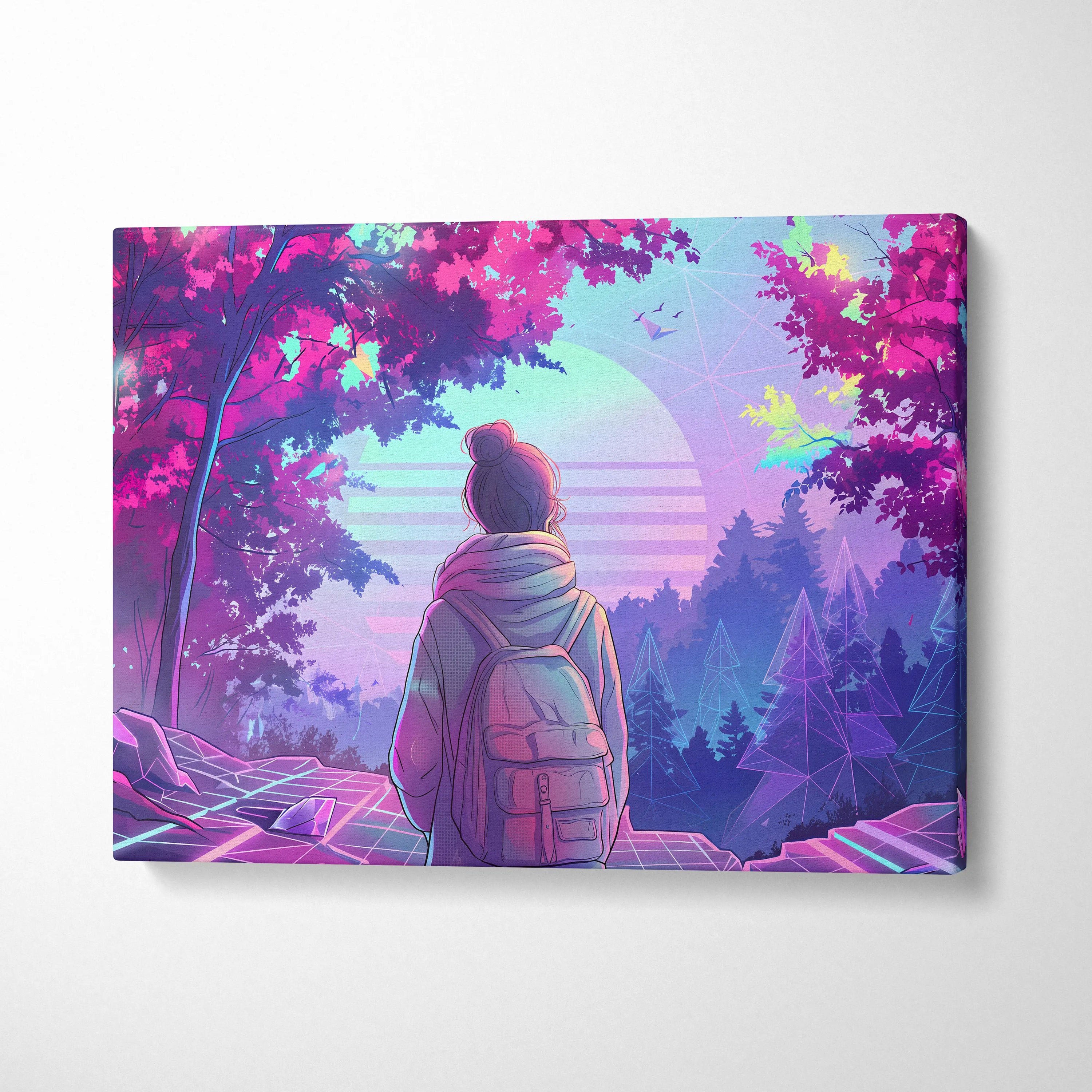 Neon Vaporwave Forest Voyager Canvas - Explorer Neon Pink Wall Art Vaporwave Dreamy Nostalgic Neon Landscape Canvas
