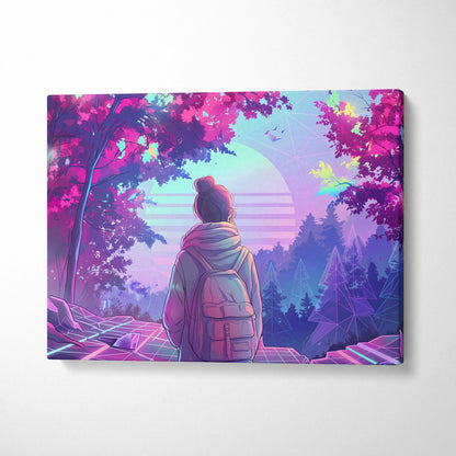 Neon Vaporwave Forest Voyager Canvas - Explorer Neon Pink Wall Art Vaporwave Dreamy Nostalgic Neon Landscape Canvas