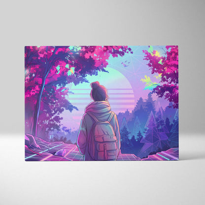 Neon Vaporwave Forest Voyager Canvas - Explorer Neon Pink Wall Art Vaporwave Dreamy Nostalgic Neon Landscape Canvas