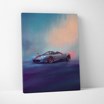 Gray Pagani Huayra Roadster convertible canvas art with glowing blue headlights and red taillights on gradient sky background