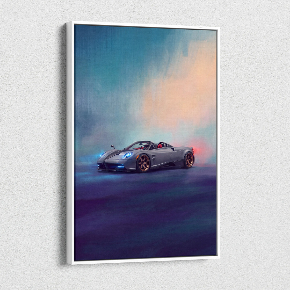 Silver pagani huayra roadster sports car poster in white frame premium automotive canvas wall decor