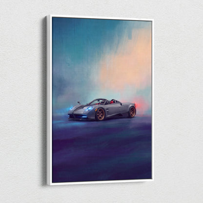 Silver pagani huayra roadster sports car poster in white frame premium automotive canvas wall decor