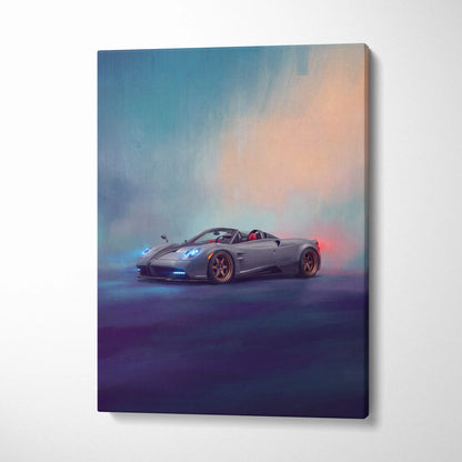 Gray Pagani Huayra roadster canvas art with glowing blue and red accents premium automotive wall decor