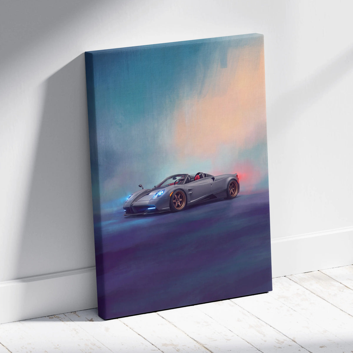 Gray pagani huayra roadster canvas art with glowing blue headlights and orange wheels against twilight sky wall decor