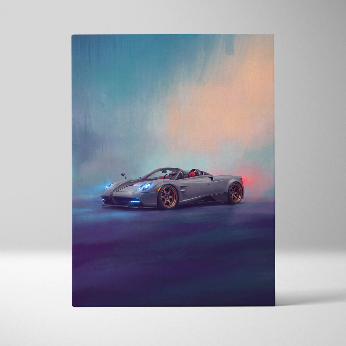 Pagani huayra roadster inspired canvas art featuring a silver car with gold rims and glowing blue headlights in stylized rendering