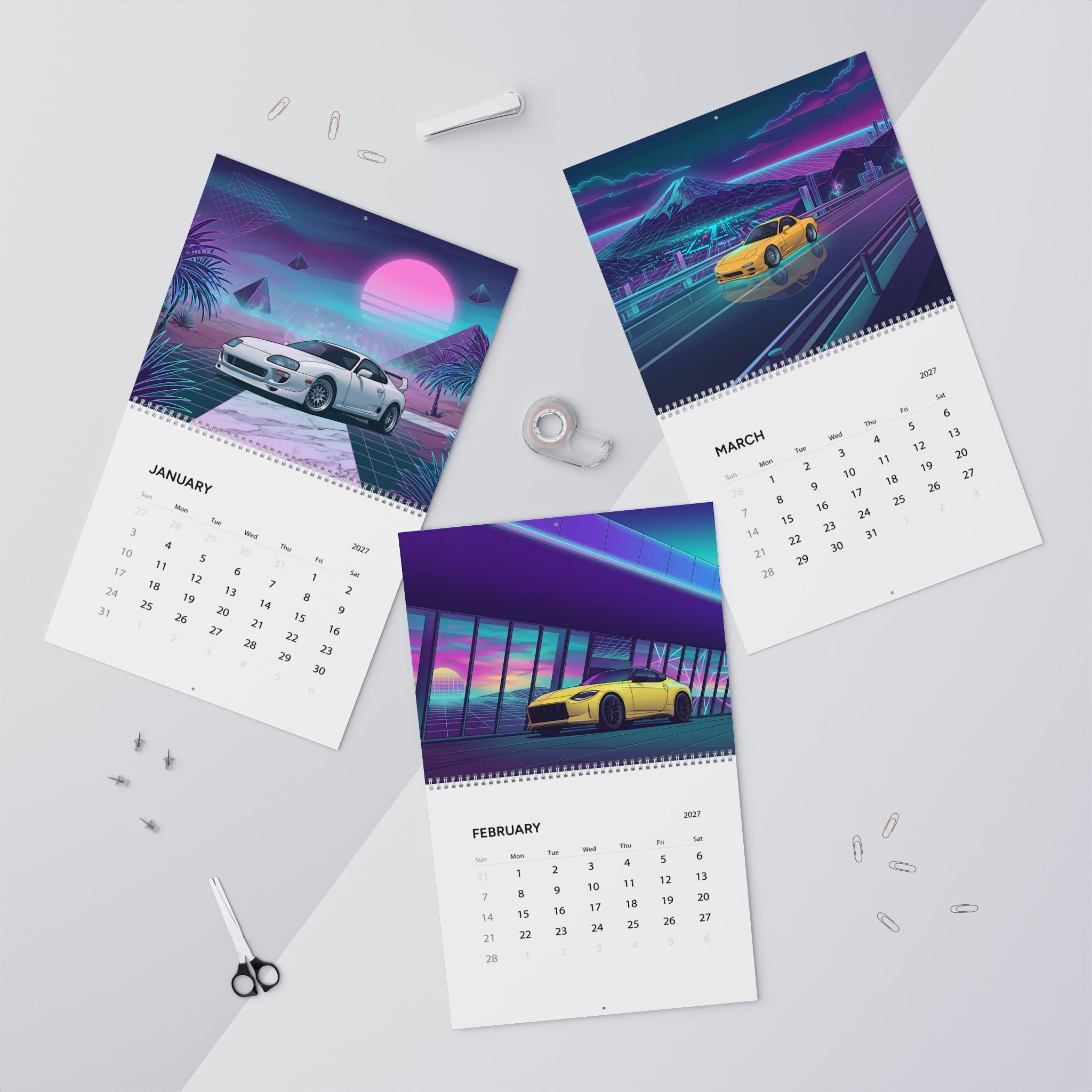 2027 JDM Vaporwave Art Calendar – Iconic Japanese Cars & Retro Futuristic Neon Artwork