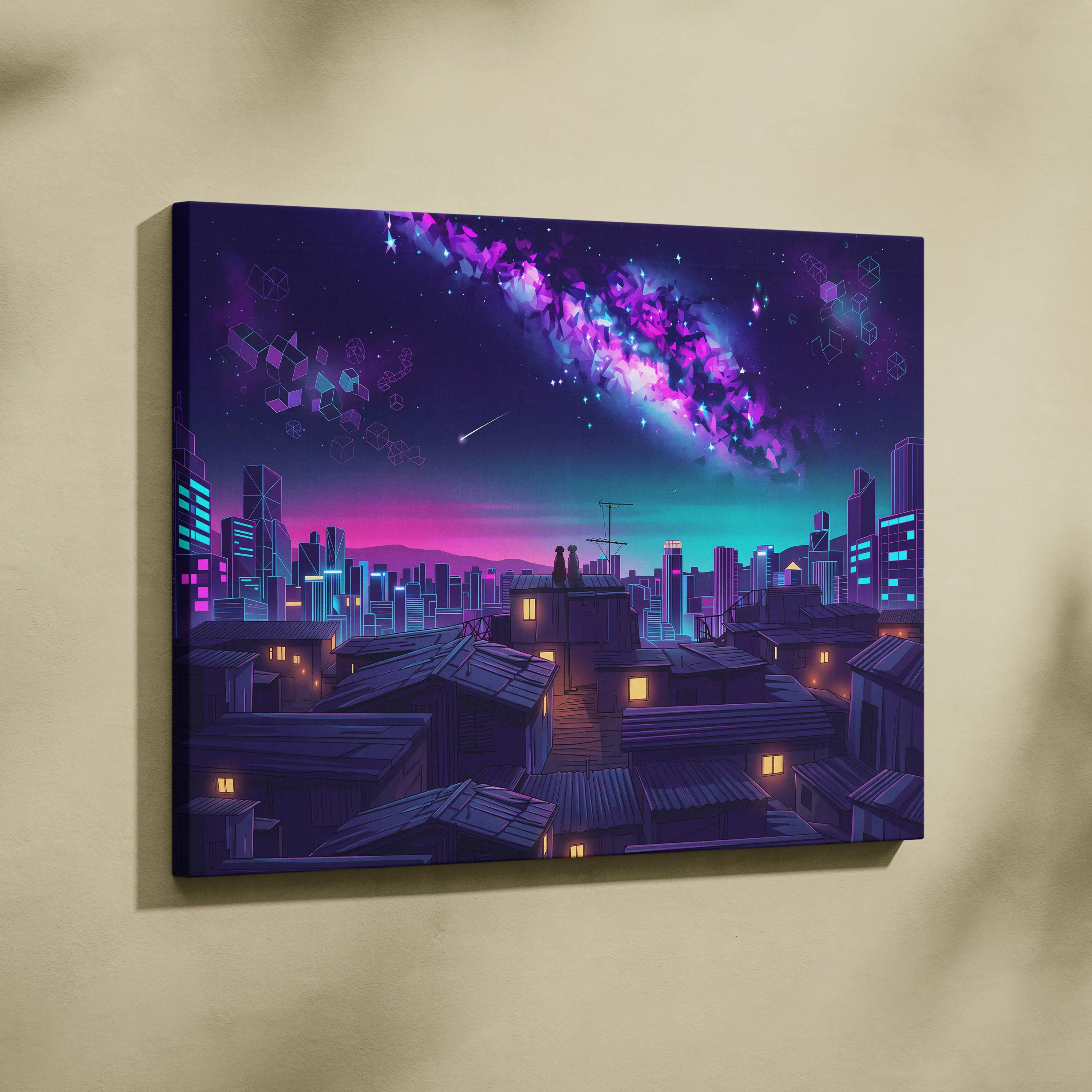 Neon Vaporwave Cityscape Canvas - Cityscape Neon Pink Blue Living Room Vaporwave Dreamy Mood Retro Futurism Wall Art