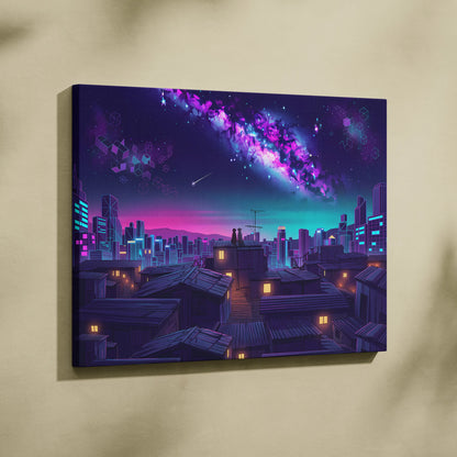 Neon Vaporwave Cityscape Canvas - Cityscape Neon Pink Blue Living Room Vaporwave Dreamy Mood Retro Futurism Wall Art