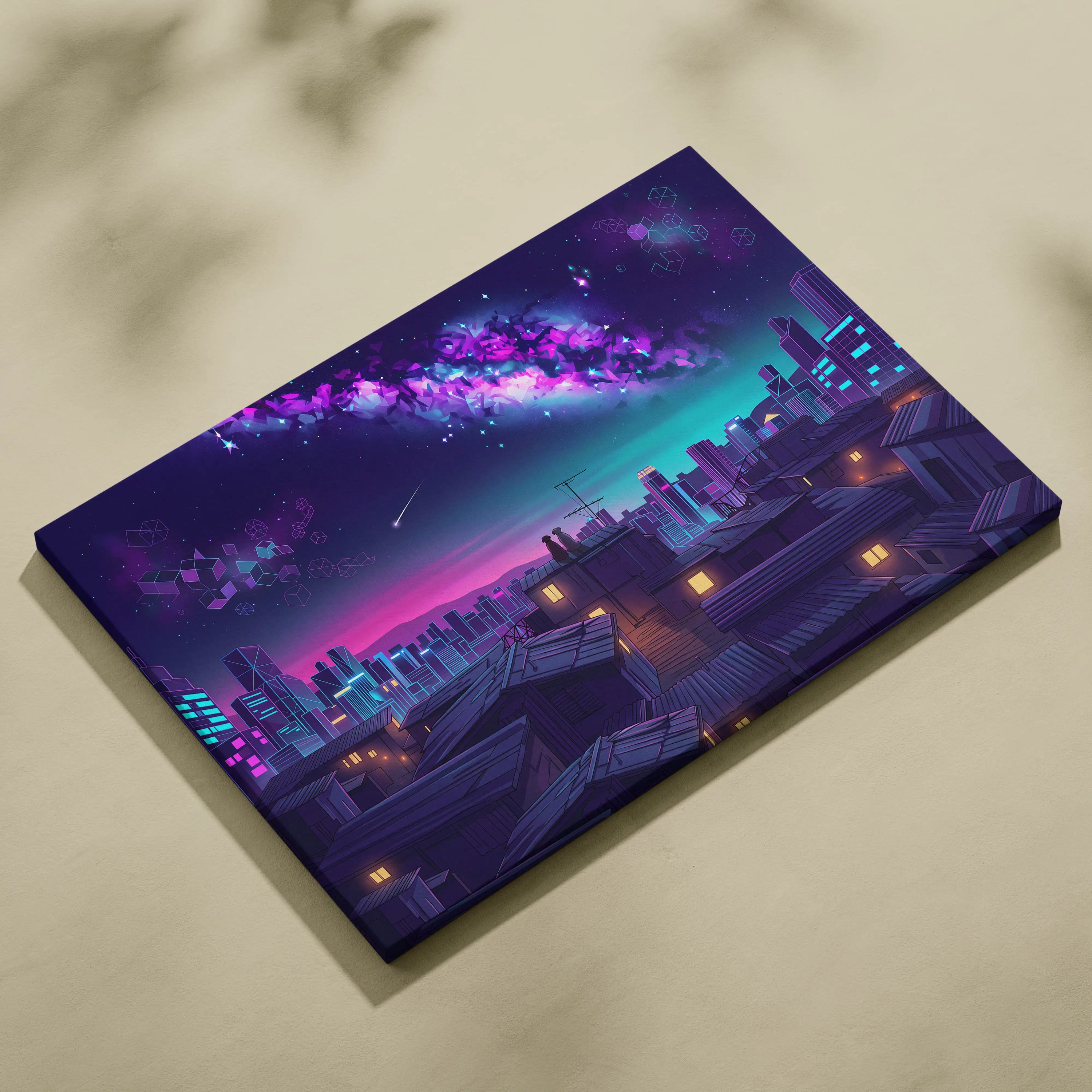 Neon Vaporwave Cityscape Canvas - Cityscape Neon Pink Blue Living Room Vaporwave Dreamy Mood Retro Futurism Wall Art