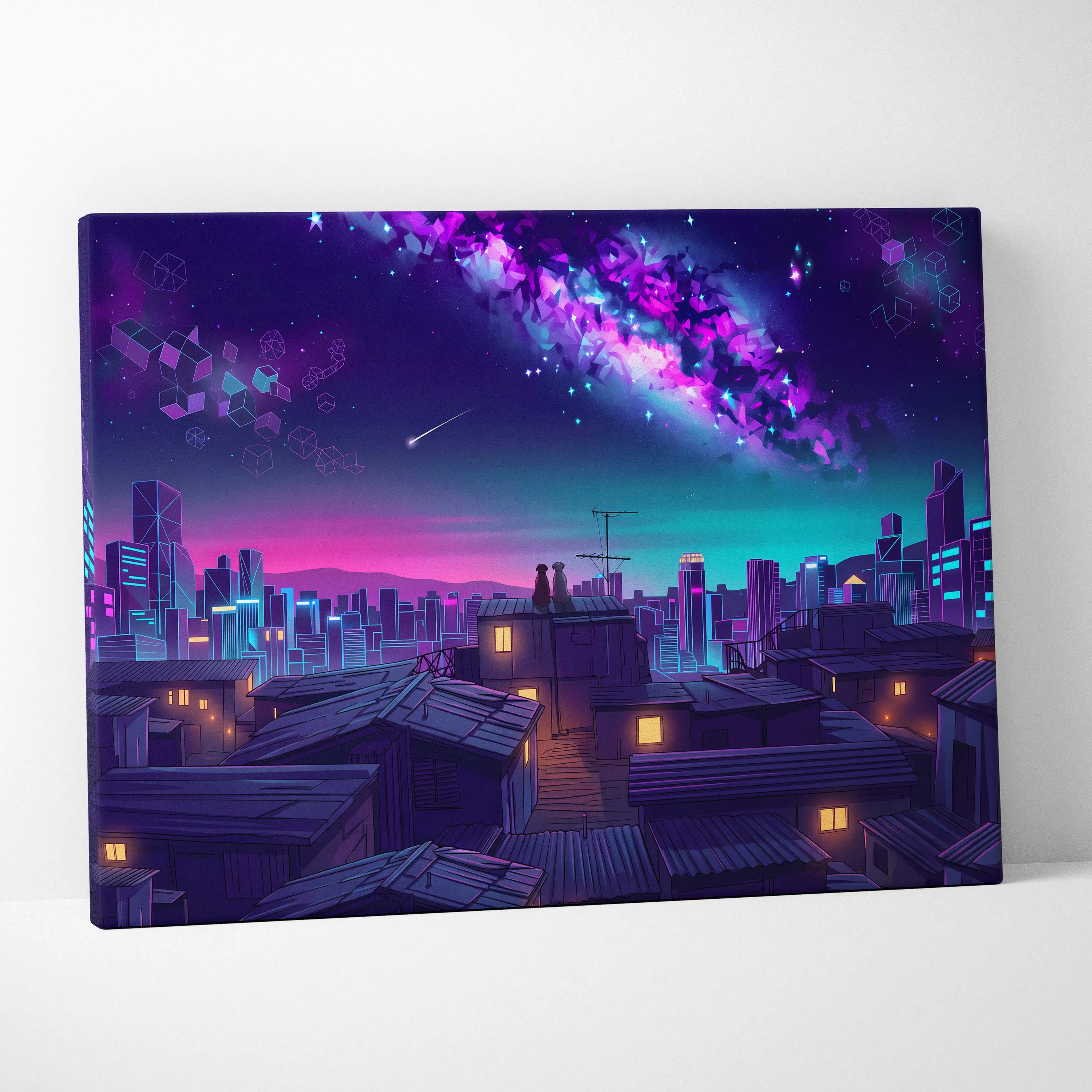 Neon Vaporwave Cityscape Canvas - Cityscape Neon Pink Blue Living Room Vaporwave Dreamy Mood Retro Futurism Wall Art