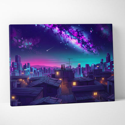Neon Vaporwave Cityscape Canvas - Cityscape Neon Pink Blue Living Room Vaporwave Dreamy Mood Retro Futurism Wall Art