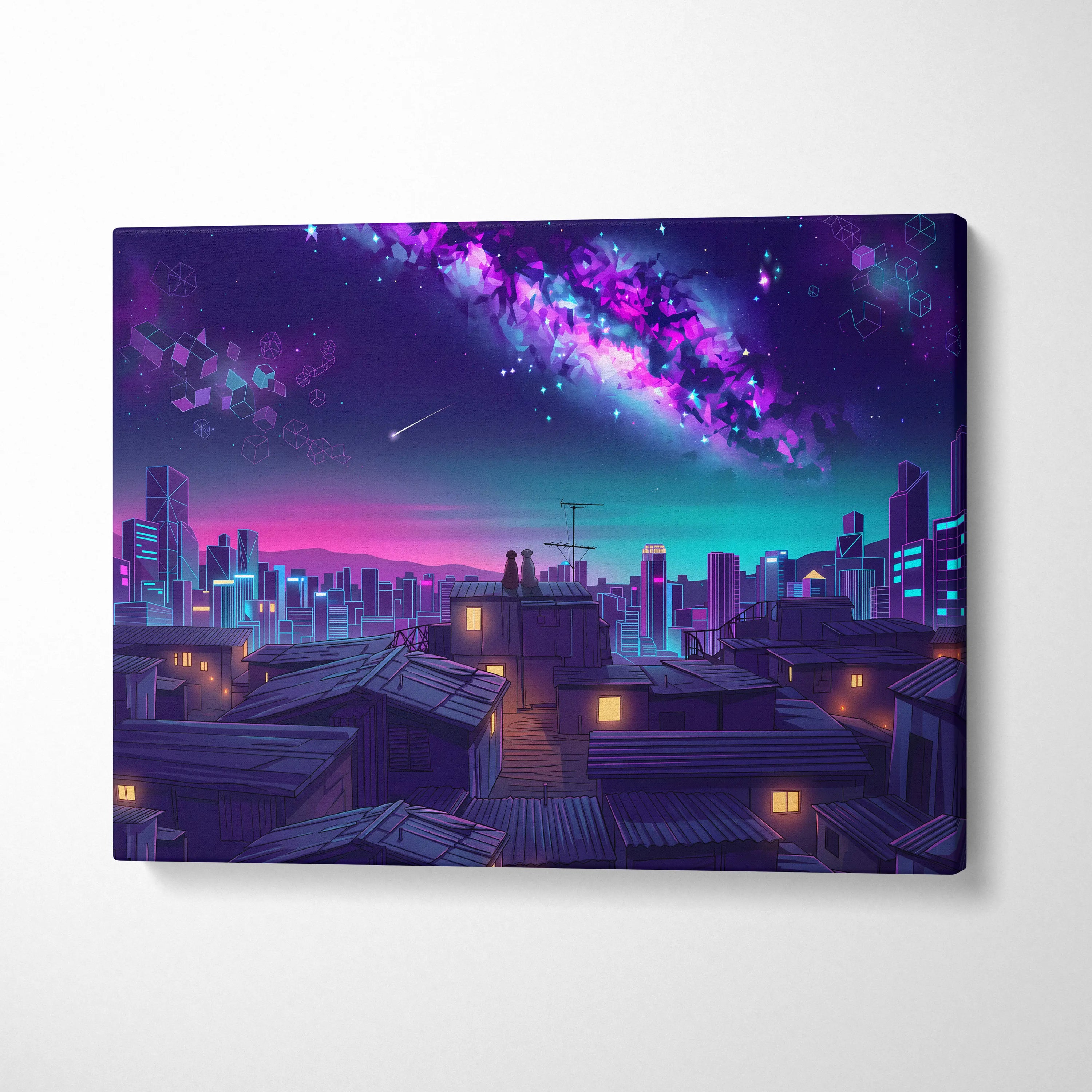 Neon Vaporwave Cityscape Canvas - Cityscape Neon Pink Blue Living Room Vaporwave Dreamy Mood Retro Futurism Wall Art