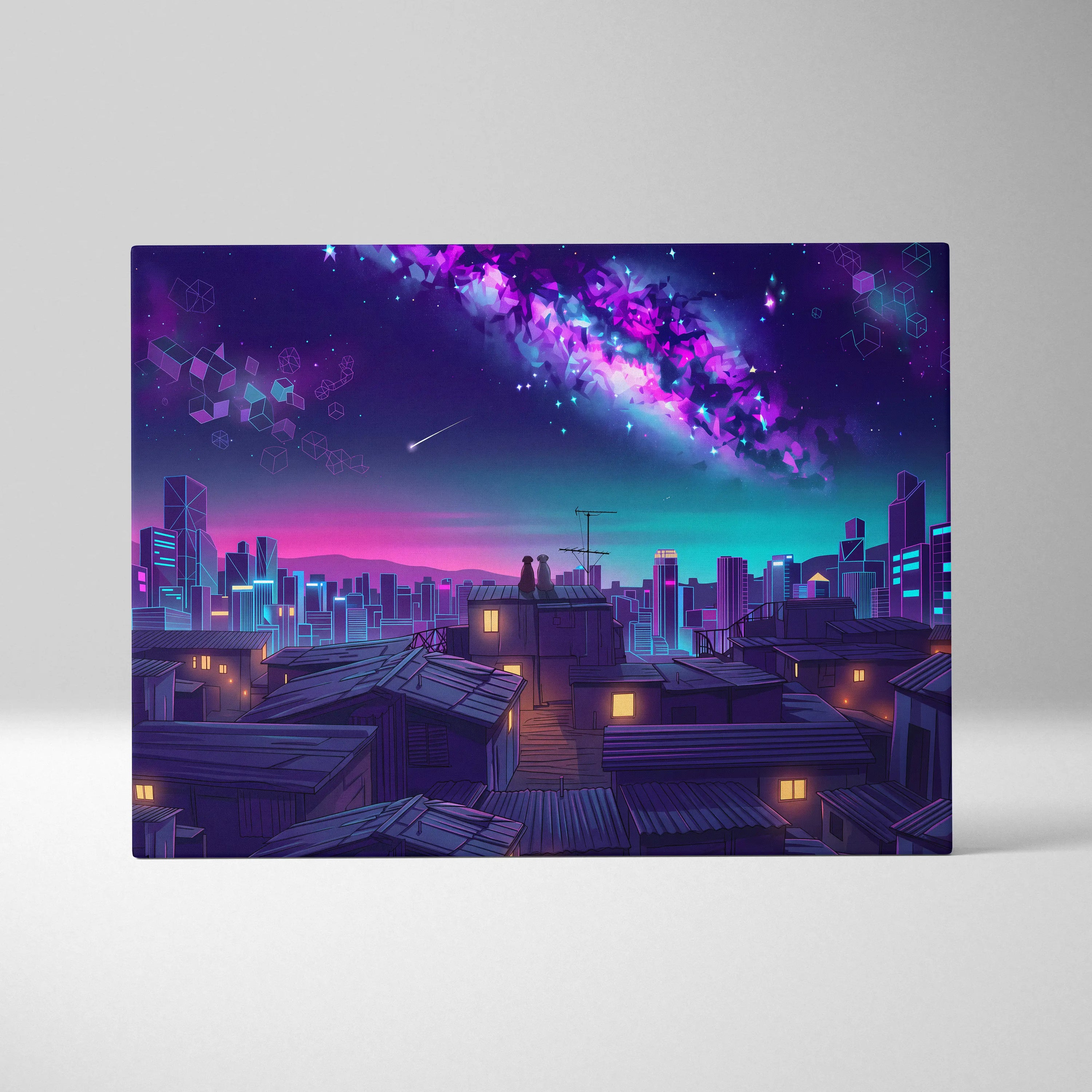 Neon Vaporwave Cityscape Canvas - Cityscape Neon Pink Blue Living Room Vaporwave Dreamy Mood Retro Futurism Wall Art