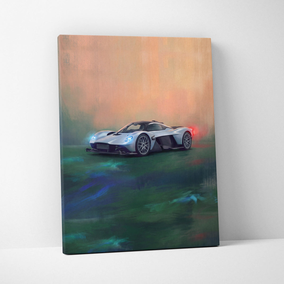 Silver and black aston martin valkyrie sports car wall art track edition painterly canvas painting print