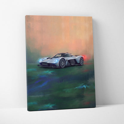 Silver and black aston martin valkyrie sports car wall art track edition painterly canvas painting print