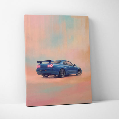 Nissan GT-R R34 Inspired Car Wall Art - Blue JDM Sports Vehicle Canvas Print for Bedroom