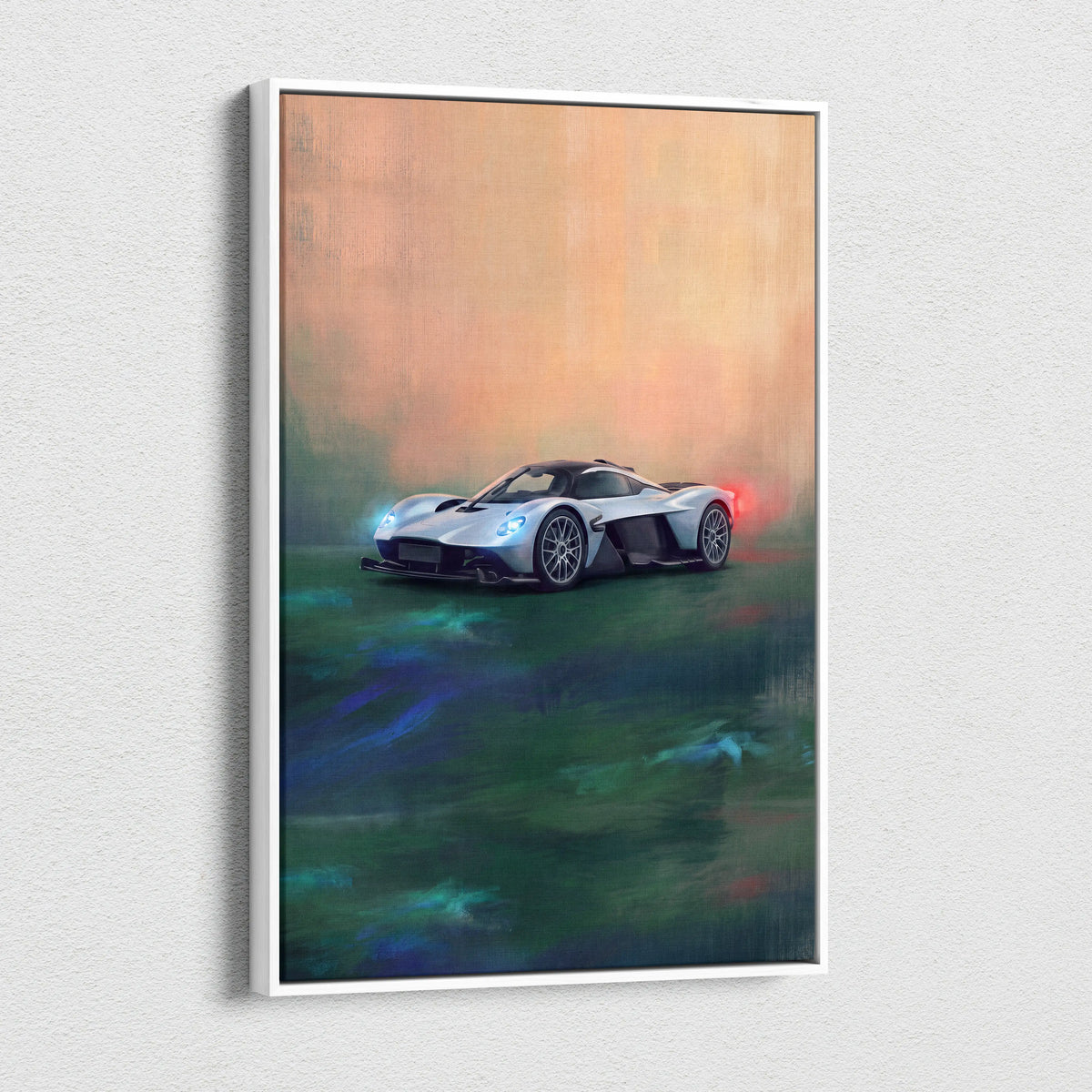 Silver and black aston martin valkyrie sports car wall art with glowing headlights on colorful abstract canvas print