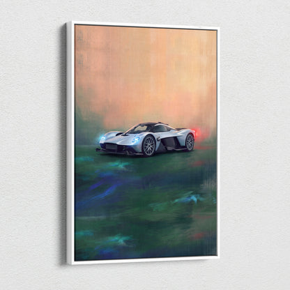 Silver and black aston martin valkyrie sports car wall art with glowing headlights on colorful abstract canvas print