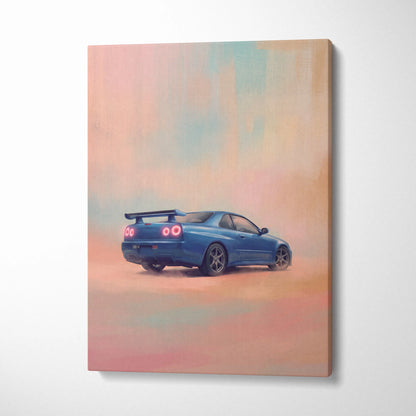 Nissan GT-R R34 Inspired Car Wall Art - Blue JDM Sports Vehicle Canvas Print for Bedroom