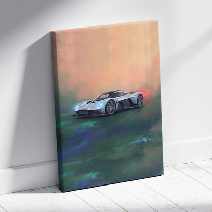 Silver aston martin valkyrie sports car in dynamic painterly style on stretched canvas for wall art track edition