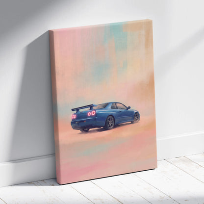 Nissan GT-R R34 Inspired Car Wall Art - Blue JDM Sports Vehicle Canvas Print for Bedroom