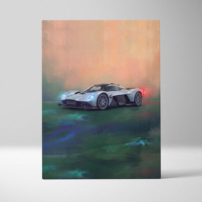 Silver aston martin valkyrie hypercar wall art featuring glowing blue headlights on canvas painting print