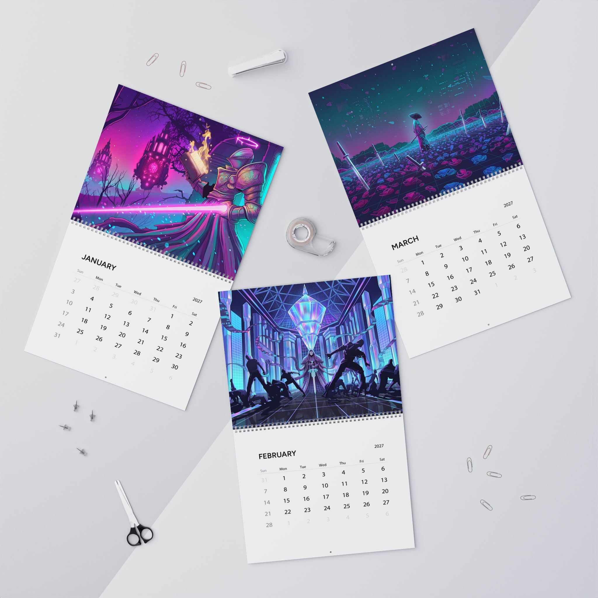 2027 Fantasy Art Wall Calendar – Neon Vaporwave & Retro Futuristic Artwork