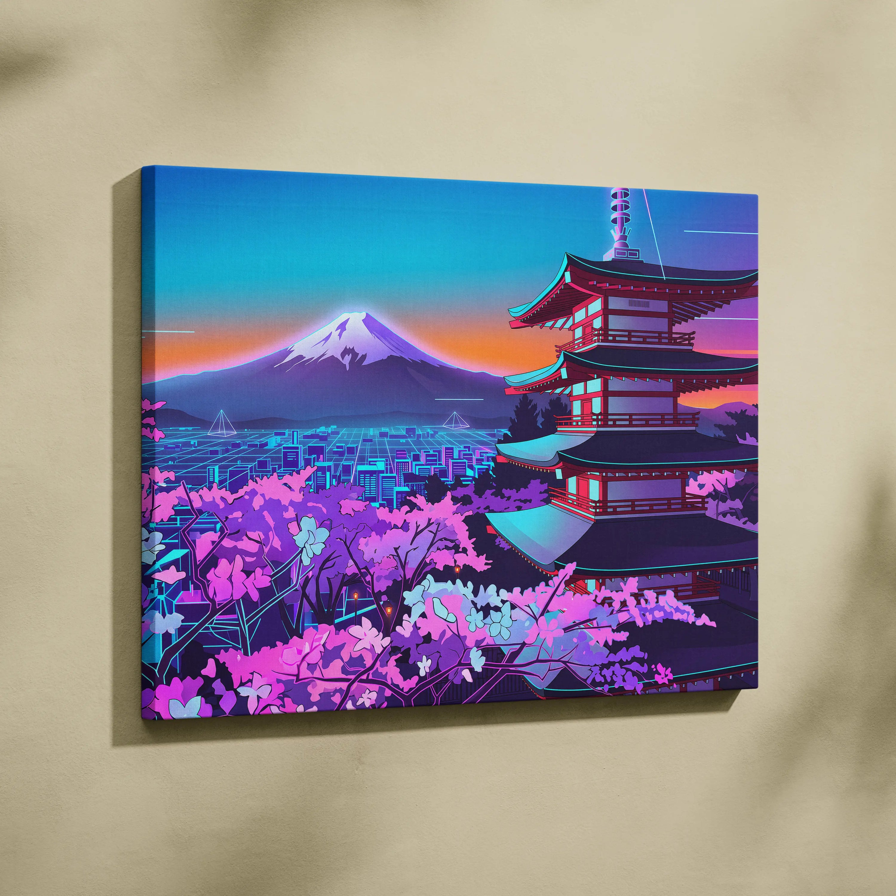 Neon Vapor Pagoda Sunset - Pagoda Neon Sunset Blue Living Room Vaporwave Dreamy Mood Neon City Wall Art Canvas
