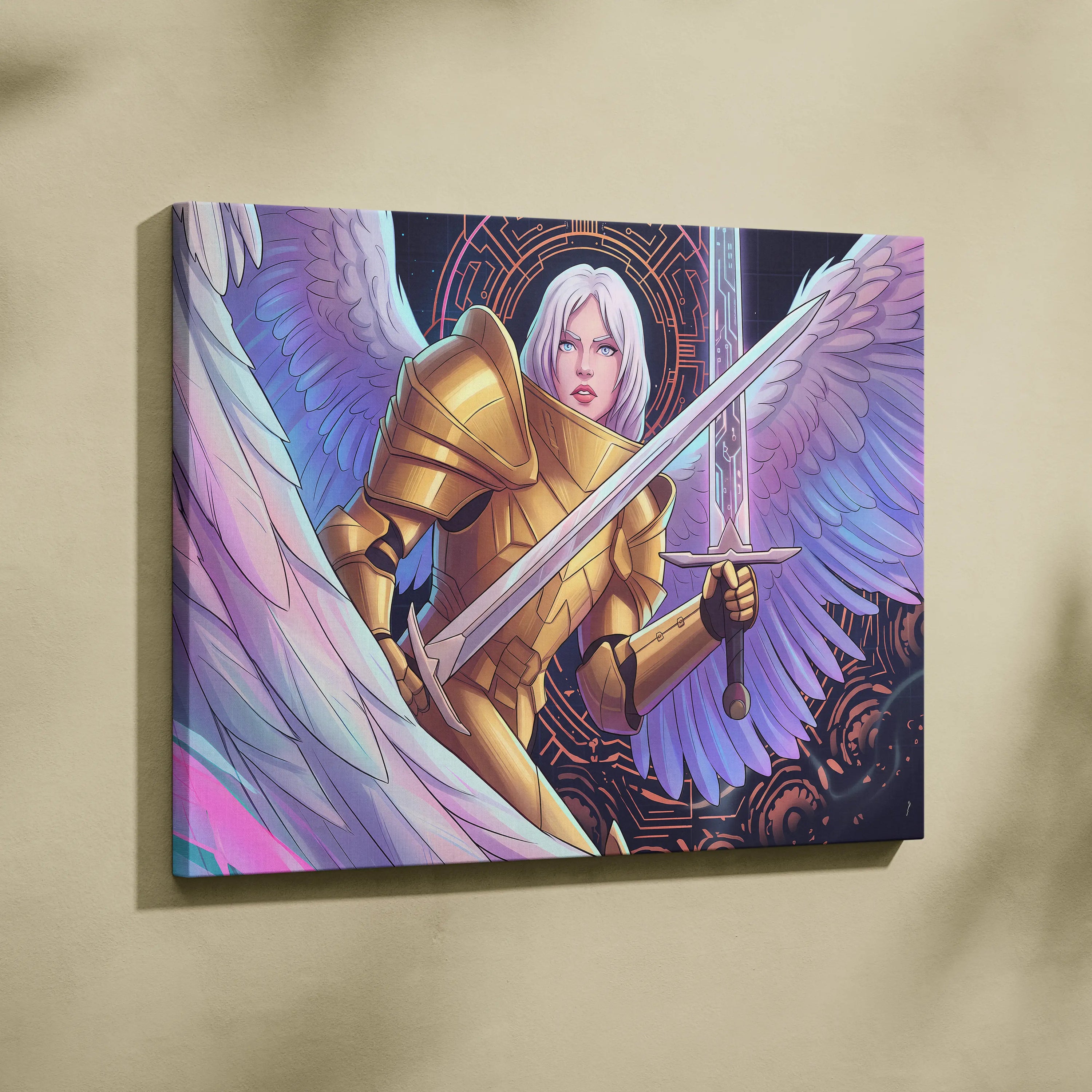 Angelic Warrior Neon Vaporwave - Angelic Warrior Neon Pink Living Room Vaporwave Mystical Ethereal Wall Art Canvas Print