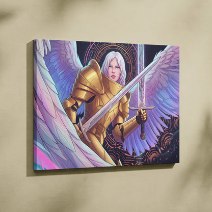 Angelic Warrior Neon Vaporwave - Angelic Warrior Neon Pink Living Room Vaporwave Mystical Ethereal Wall Art Canvas Print