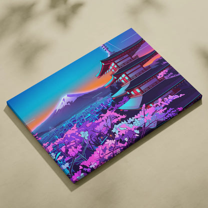 Neon Vapor Pagoda Sunset - Pagoda Neon Sunset Blue Living Room Vaporwave Dreamy Mood Neon City Wall Art Canvas