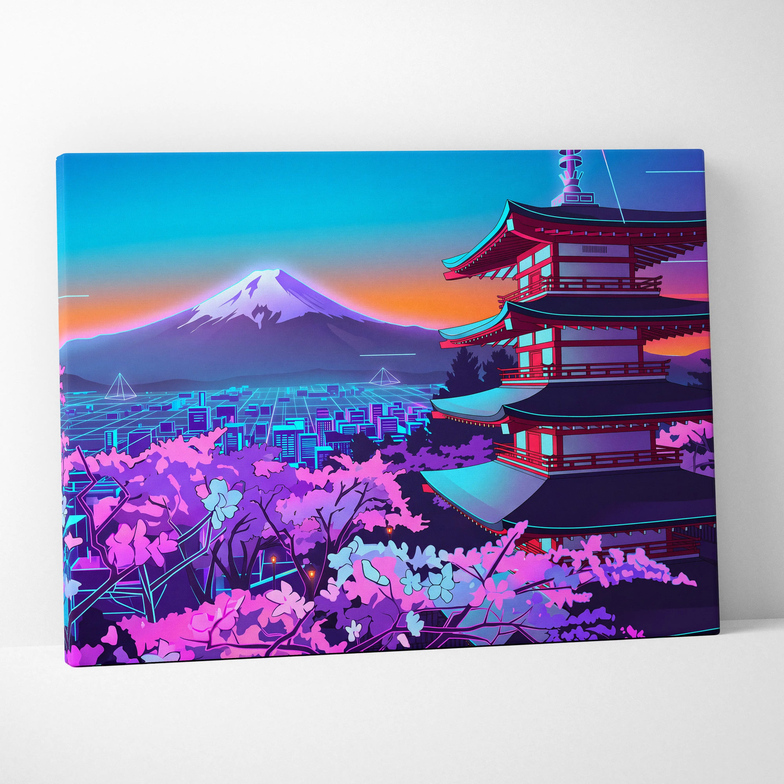 Neon Vapor Pagoda Sunset - Pagoda Neon Sunset Blue Living Room Vaporwave Dreamy Mood Neon City Wall Art Canvas