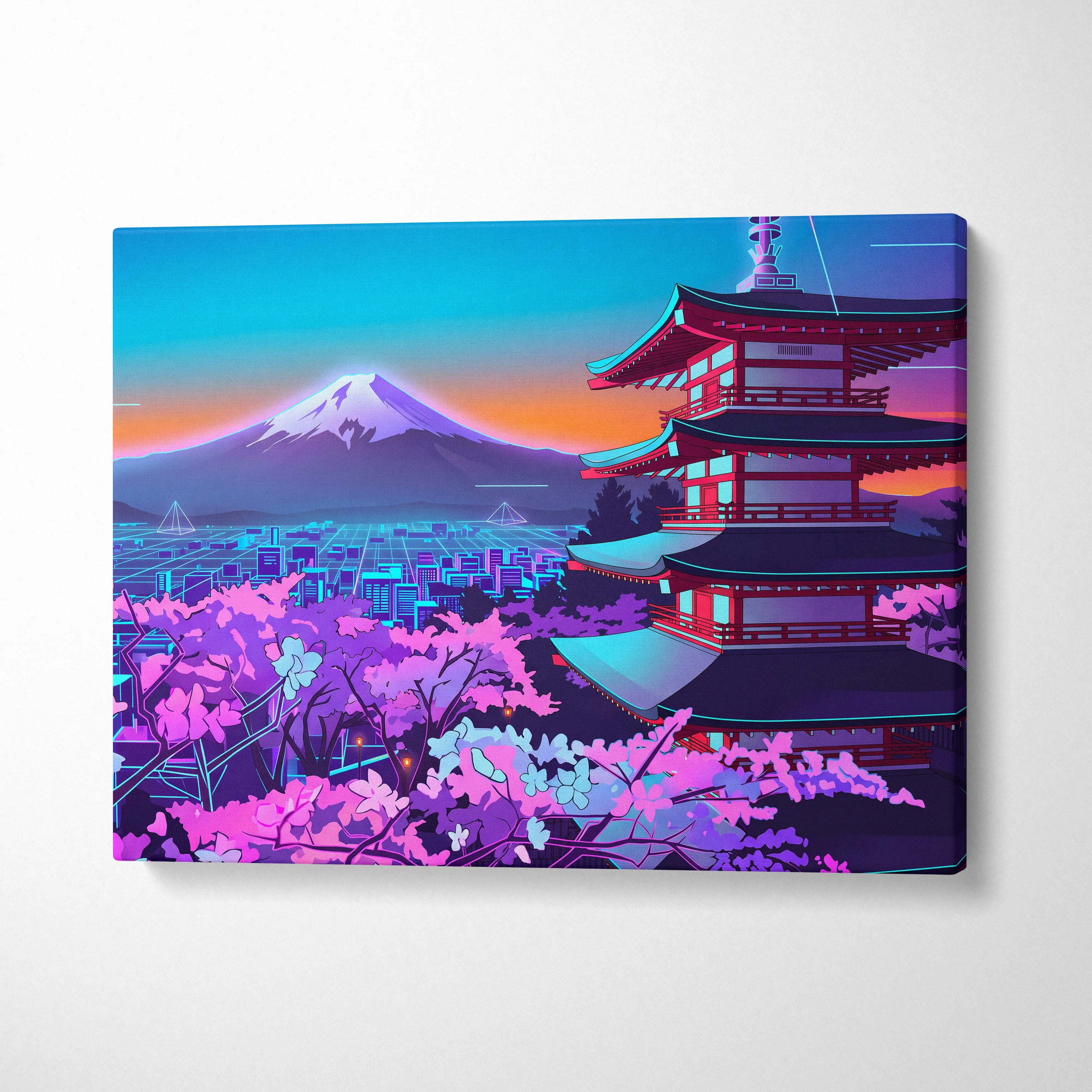 Neon Vapor Pagoda Sunset - Pagoda Neon Sunset Blue Living Room Vaporwave Dreamy Mood Neon City Wall Art Canvas