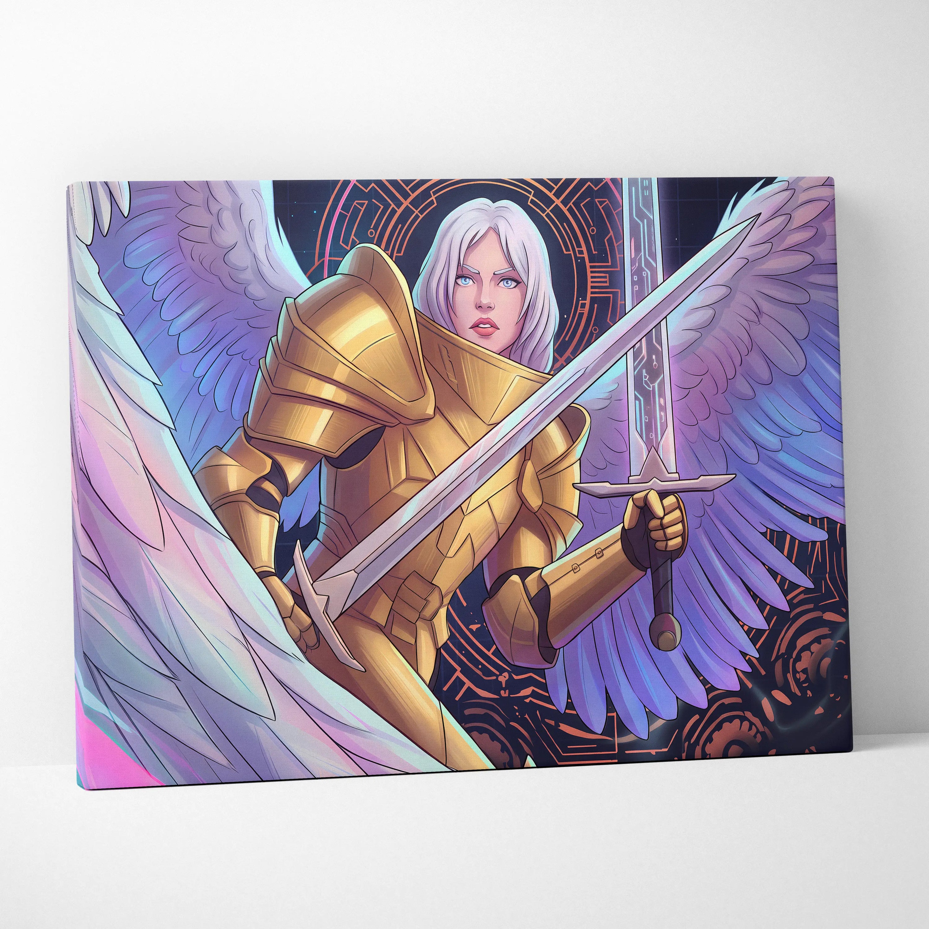 Angelic Warrior Neon Vaporwave - Angelic Warrior Neon Pink Living Room Vaporwave Mystical Ethereal Wall Art Canvas Print