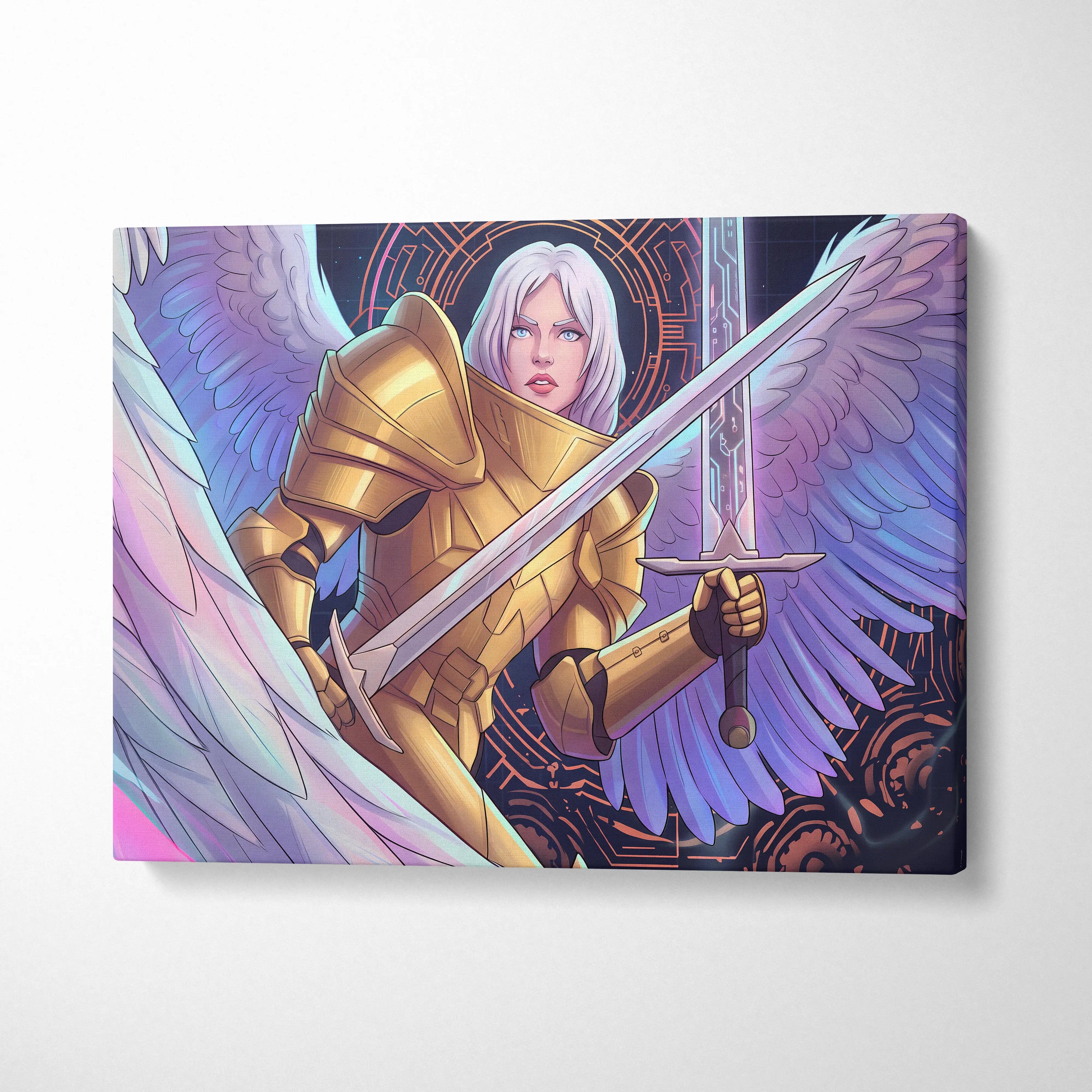 Angelic Warrior Neon Vaporwave - Angelic Warrior Neon Pink Living Room Vaporwave Mystical Ethereal Wall Art Canvas Print