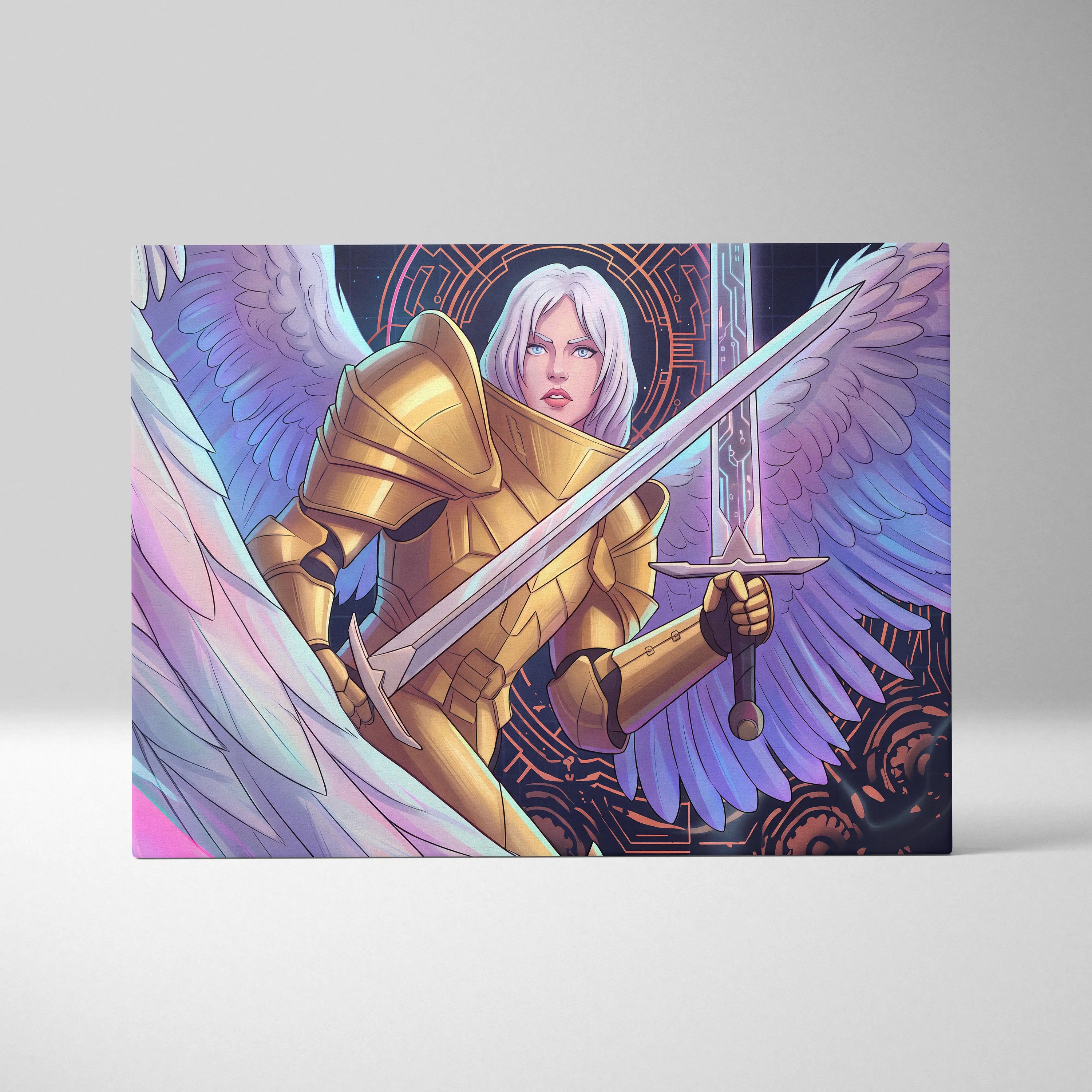 Angelic Warrior Neon Vaporwave - Angelic Warrior Neon Pink Living Room Vaporwave Mystical Ethereal Wall Art Canvas Print