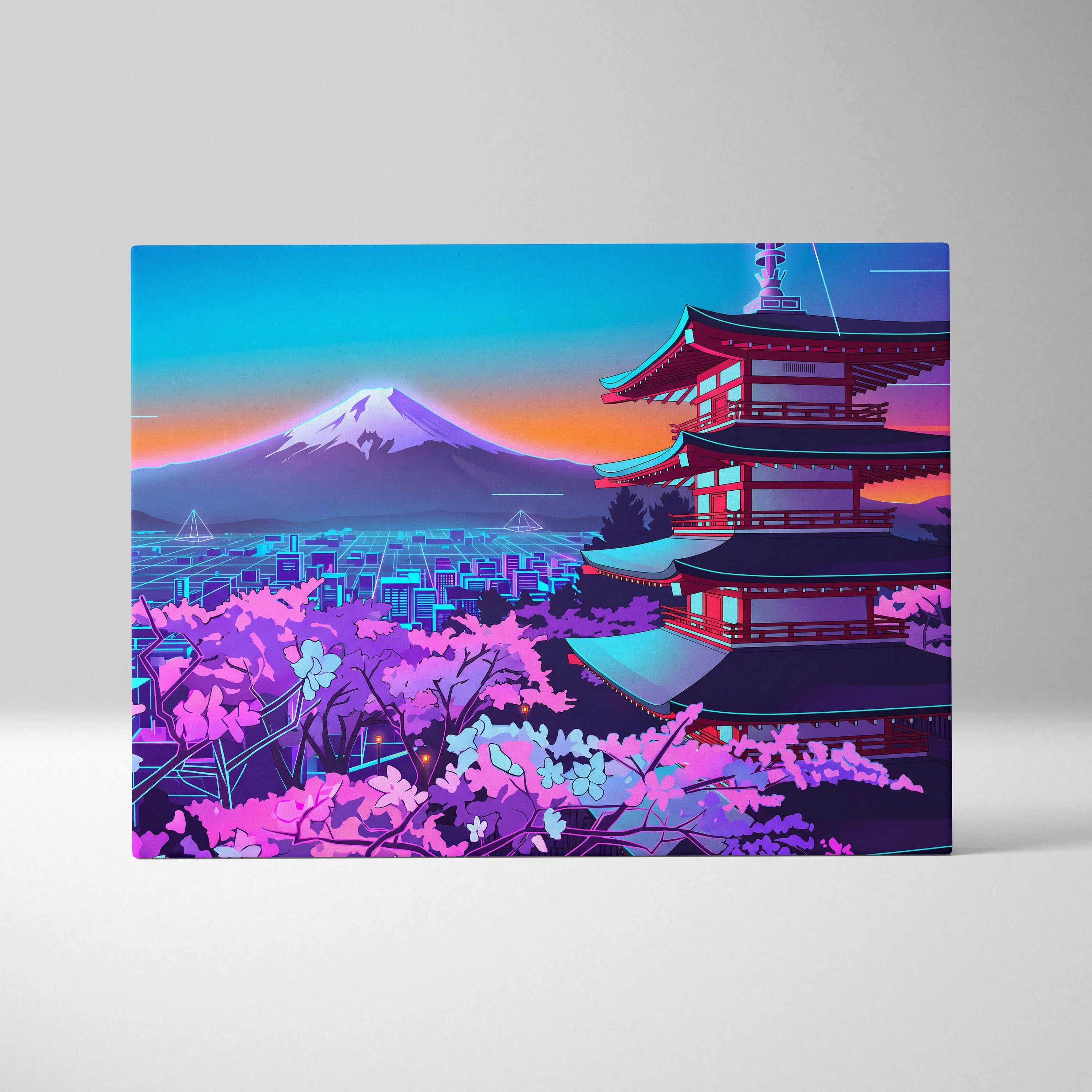 Neon Vapor Pagoda Sunset - Pagoda Neon Sunset Blue Living Room Vaporwave Dreamy Mood Neon City Wall Art Canvas