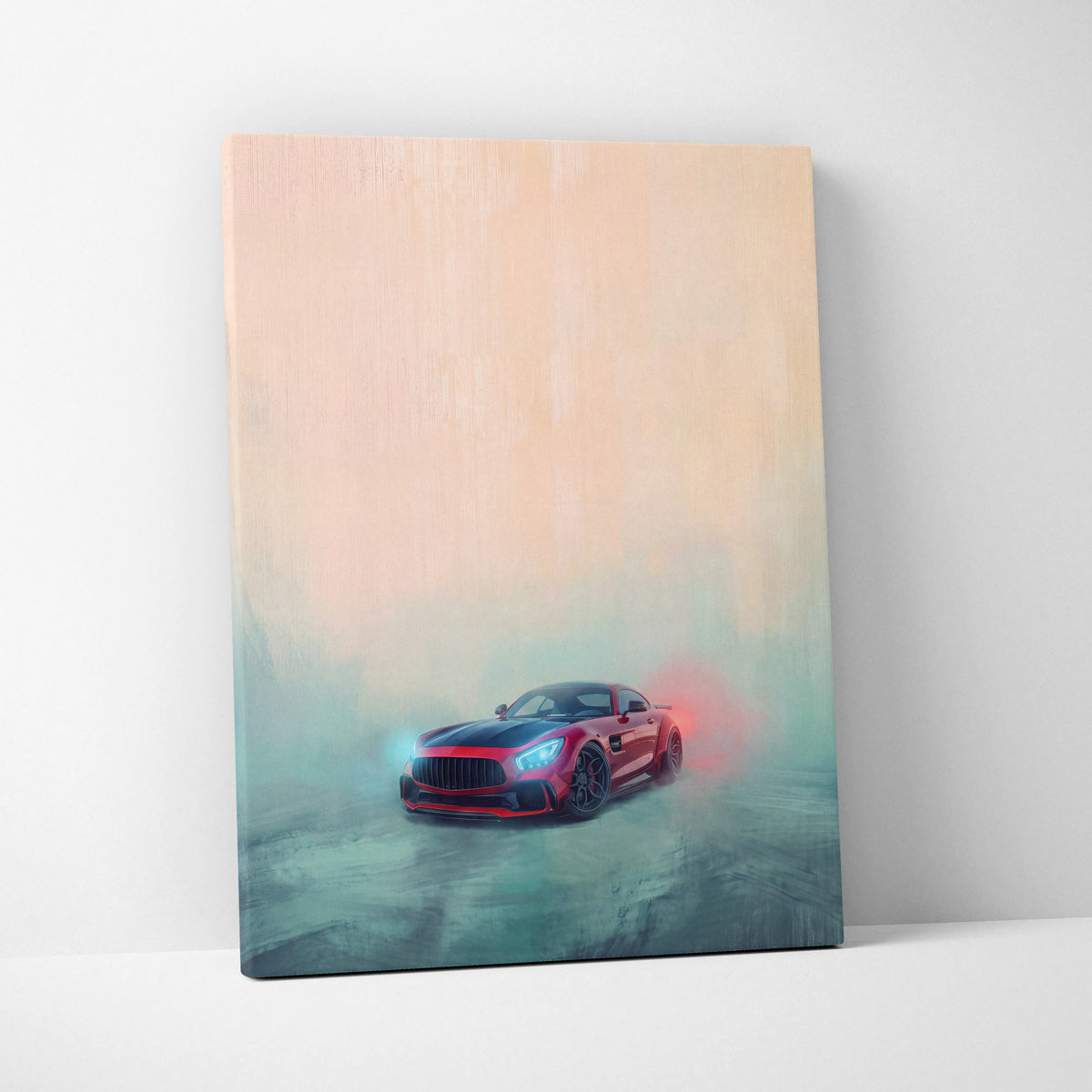 A vibrant red mercedes-amg gt r sports car with glowing blue headlights in stylized misty automotive canvas print