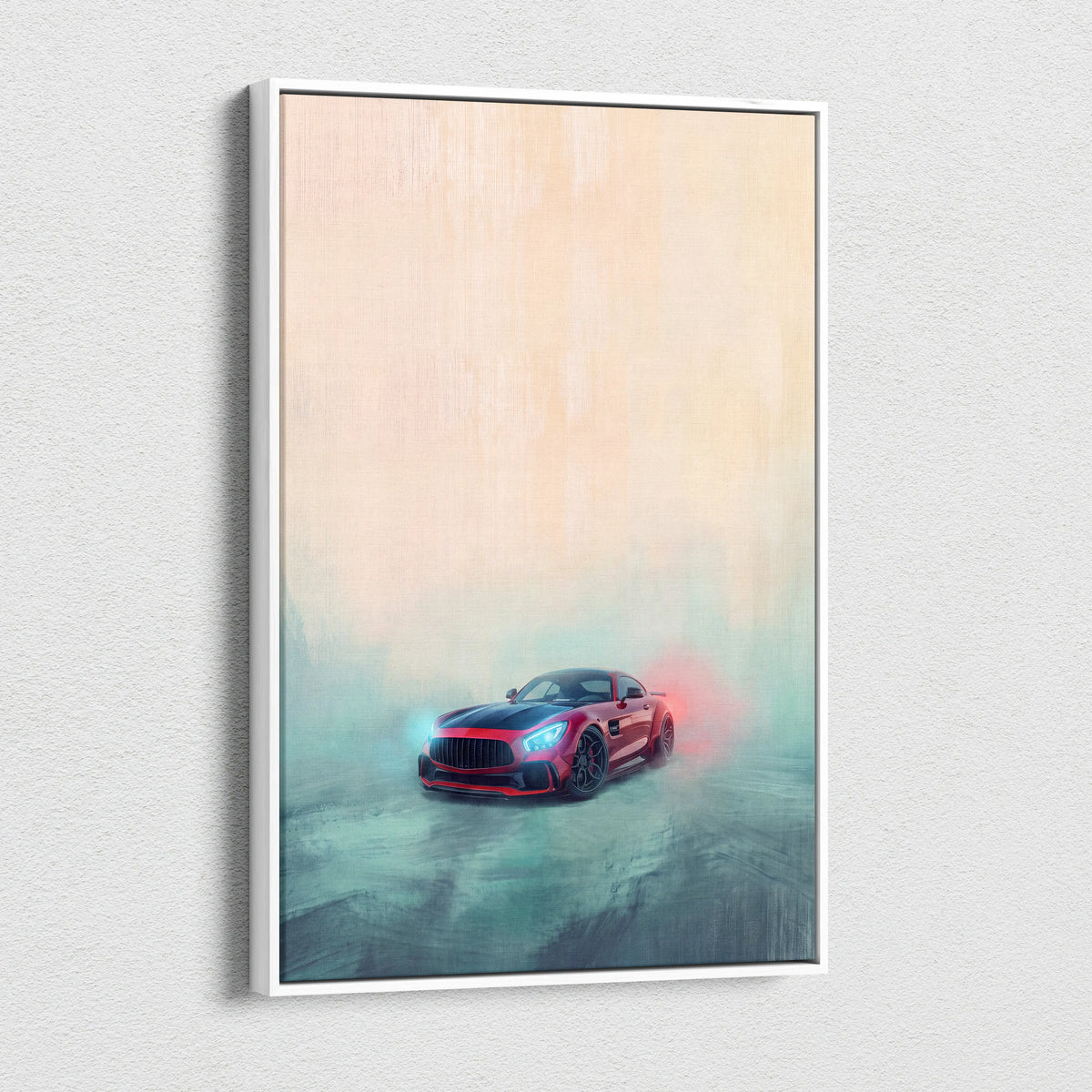 A framed canvas print of a red and black mercedes-amg gt r with glowing blue headlights on a misty background