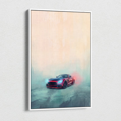 A framed canvas print of a red and black mercedes-amg gt r with glowing blue headlights on a misty background